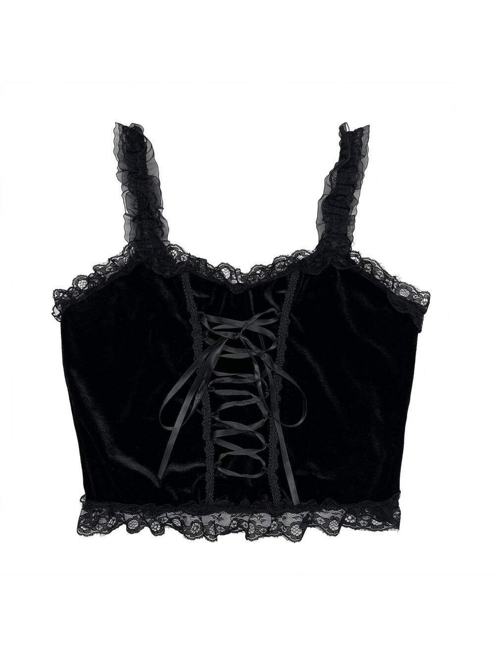 Romwe Sz S Black Velour Lace Up Corset Top Ruffled Lace Hems Crop Fit Goth